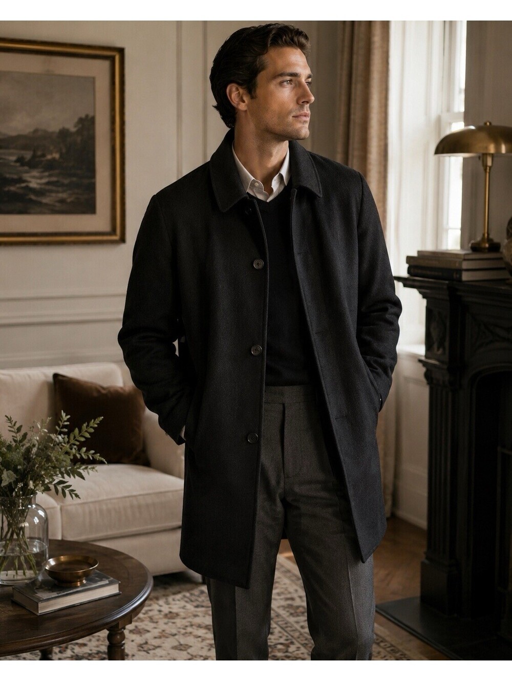 Lauren Ralph Lauren Men’s Wool Blend Overcoat 48L Charcoal Black Topcoat
